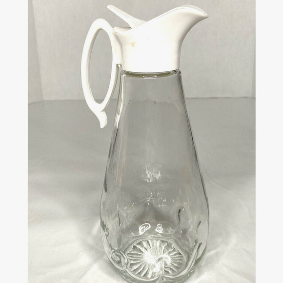 Vintage Glass Log Cabin Syrup Dispenser Jar Jug Plastic Top and Handle - Picture 1 of 8